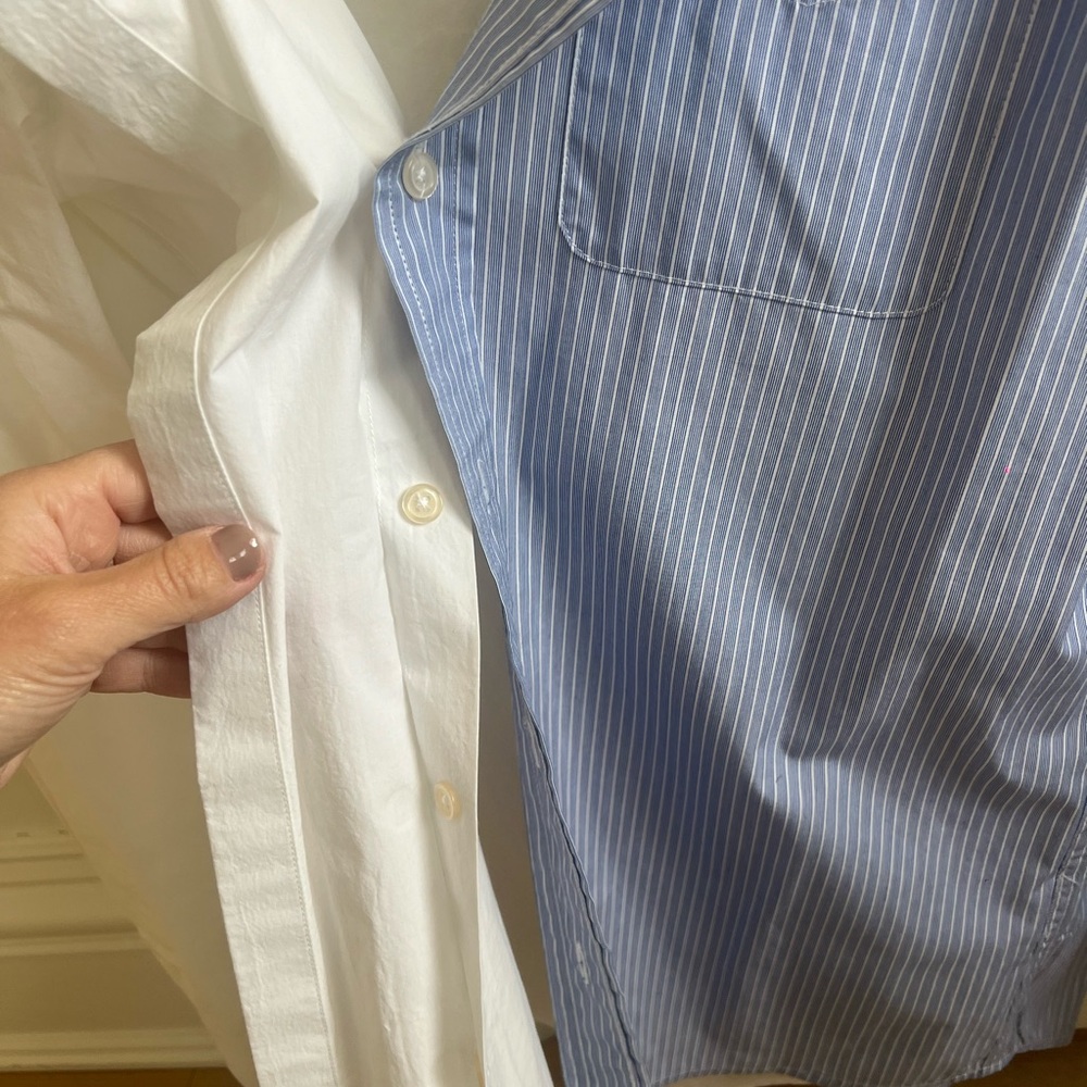 R13 white and blue button down combo shirt open collar - Picture 5 of 8